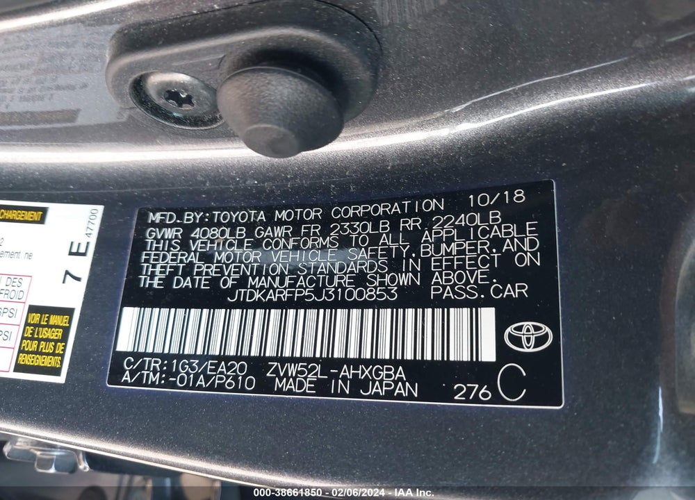2018 TOYOTA PRIUS PRIME VIN: JTDKARFP5J3100853