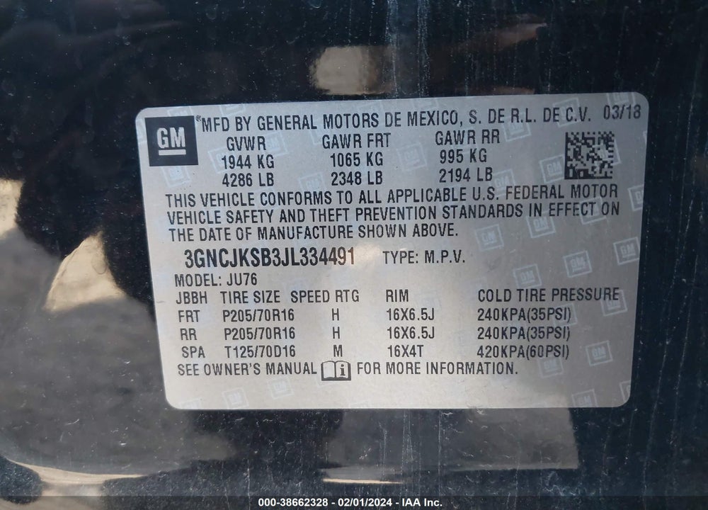 2018 CHEVROLET TRAX LS VIN: 3GNCJKSB3JL334491