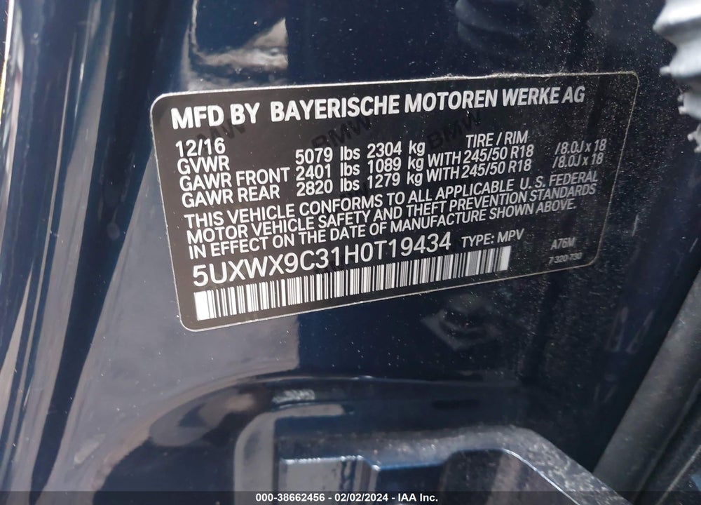 2017 BMW X3 XDRIVE28I VIN: 5UXWX9C31H0T19434