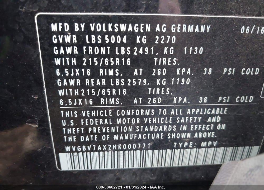 2017 VOLKSWAGEN TIGUAN 2.0T S VIN: WVGBV7AX2HK000771
