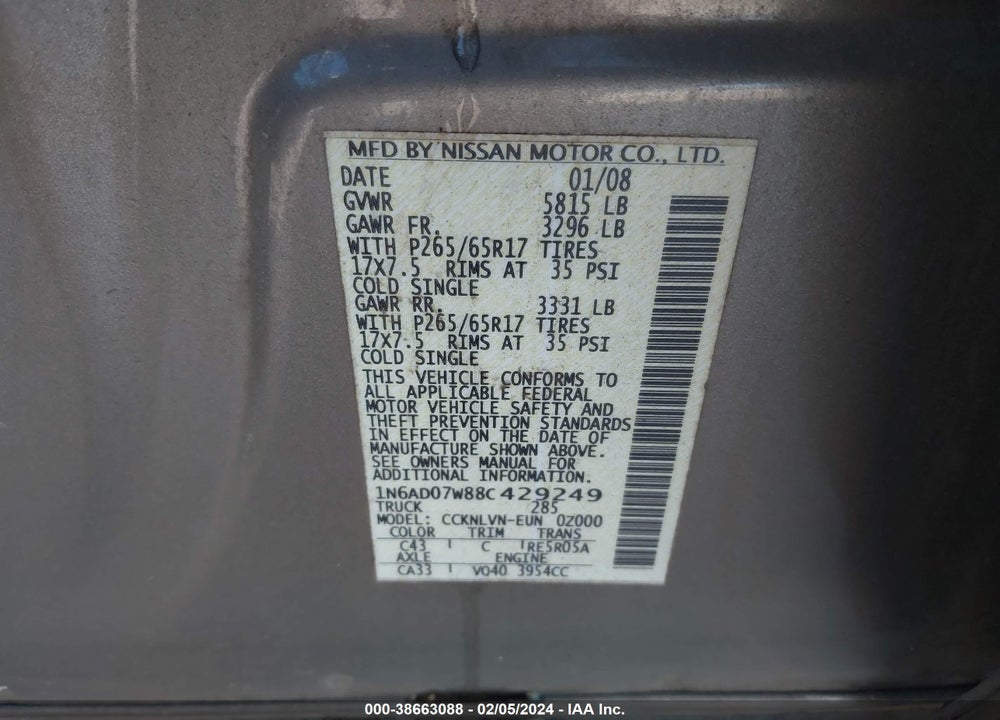 2008 NISSAN FRONTIER LE VIN: 1N6AD07W88C429249