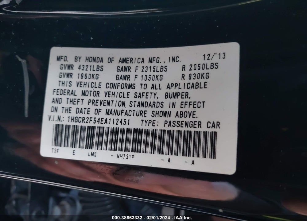2014 HONDA ACCORD SPORT VIN: 1HGCR2F54EA112451