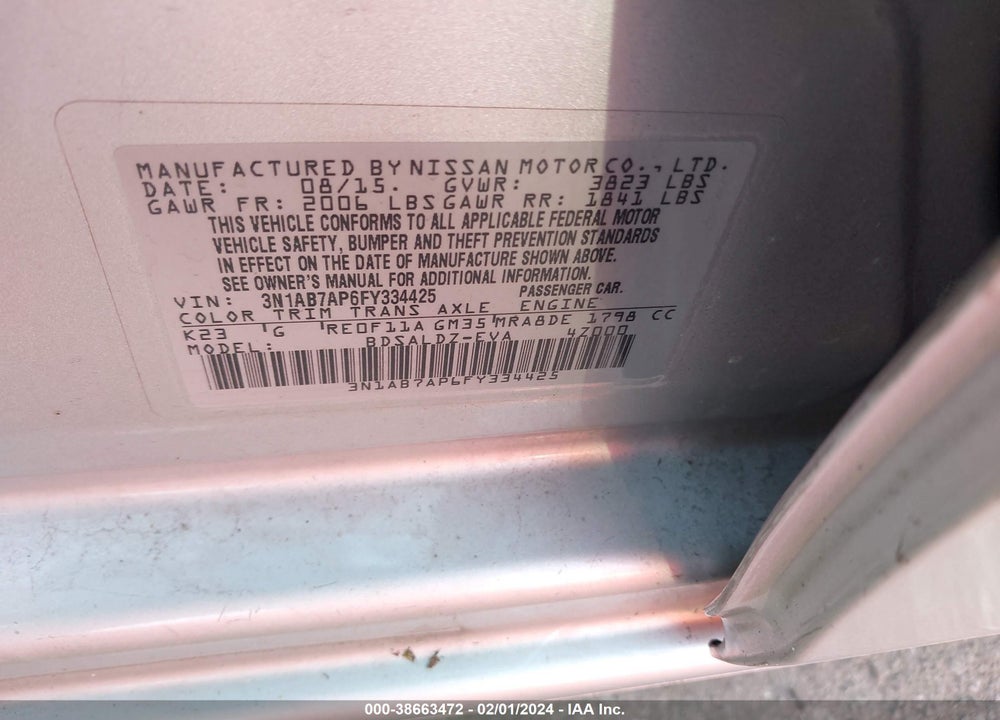 2015 NISSAN SENTRA SV VIN: 3N1AB7AP6FY334425