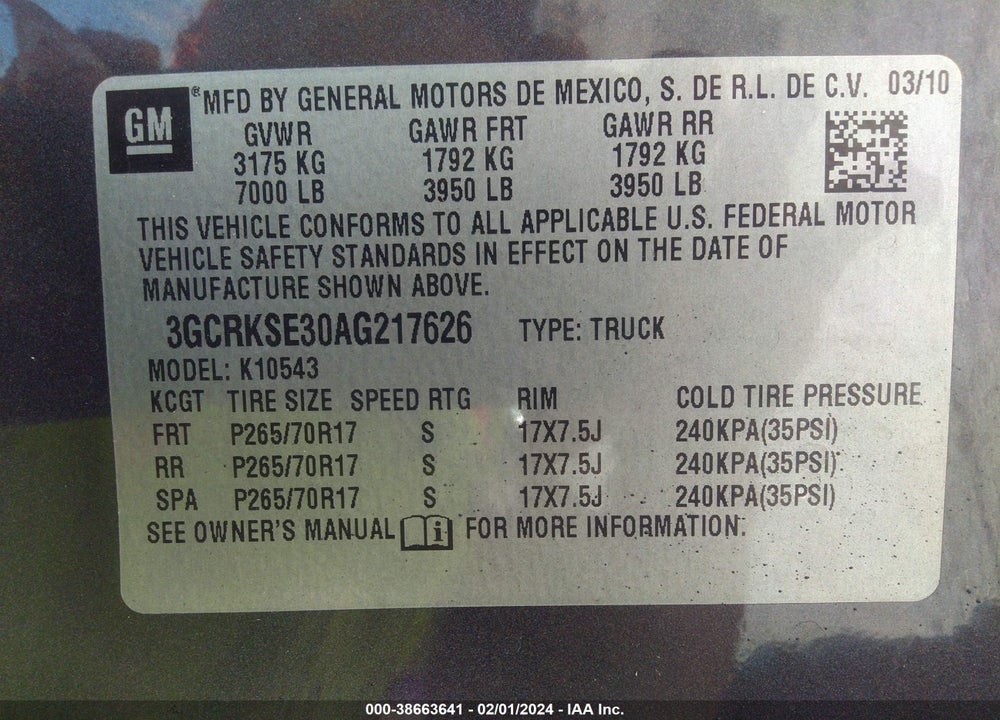 2010 CHEVROLET SILVERADO 1500 LT VIN: 3GCRKSE30AG217626