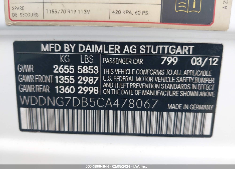 2012 MERCEDES-BENZ S CLASS VIN: WDDNG7DB5CA478067