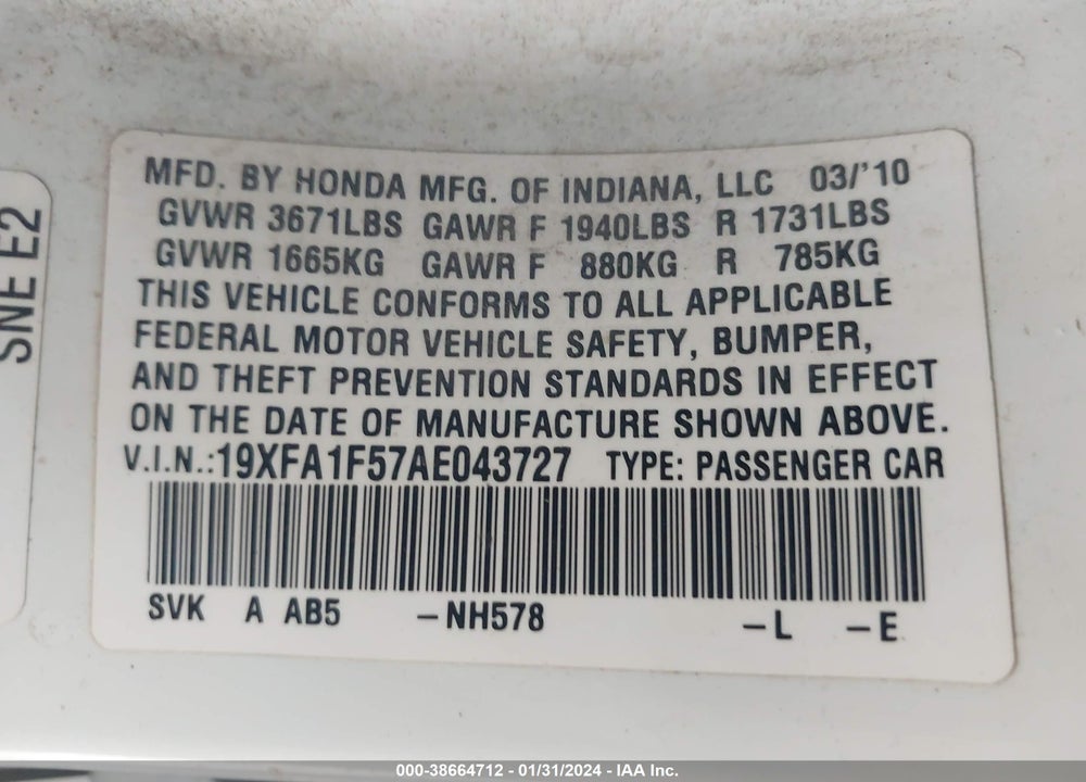 2010 HONDA CIVIC LX VIN: 19XFA1F57AE043727