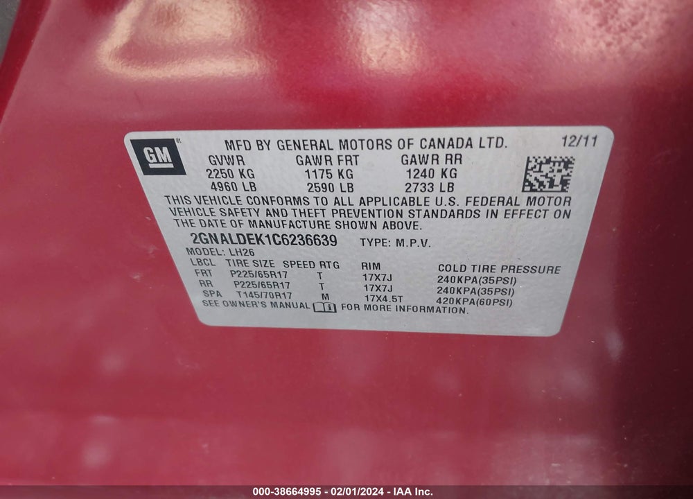 2012 CHEVROLET EQUINOX 1LT VIN: 2GNALDEK1C6236639