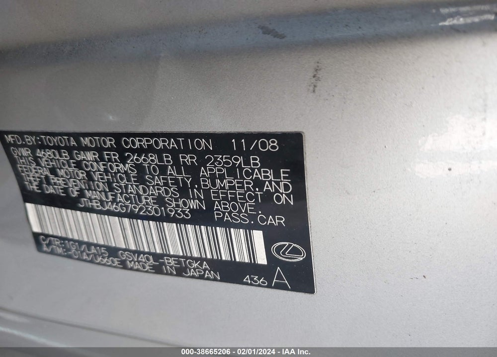 2009 LEXUS ES 350 VIN: JTHBJ46G792301933