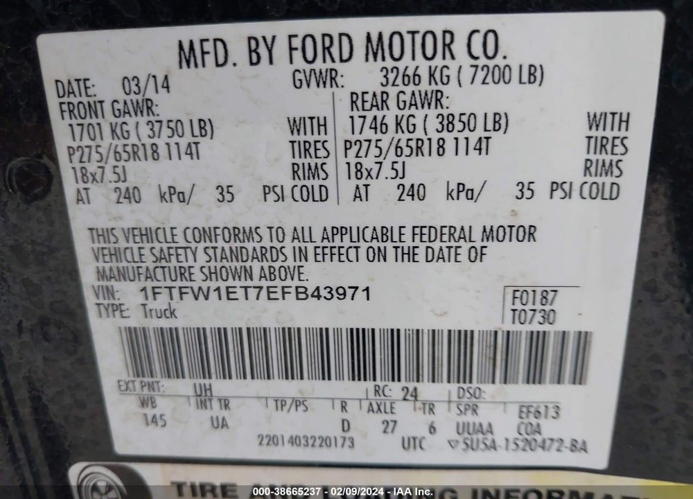 2014 FORD F-150 XLT VIN: 1FTFW1ET7EFB43971