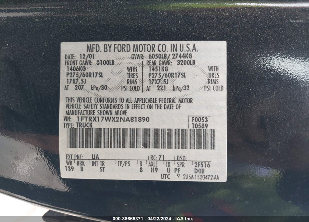 2002 FORD F-150 KING RANCH/LARIAT/XL/XLT VIN: 1FTRX17WX2NA81890
