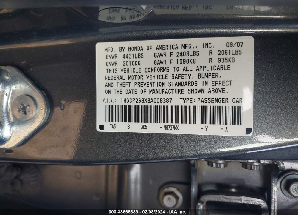2008 HONDA ACCORD 2.4 EX-L VIN: 1HGCP268X8A008387