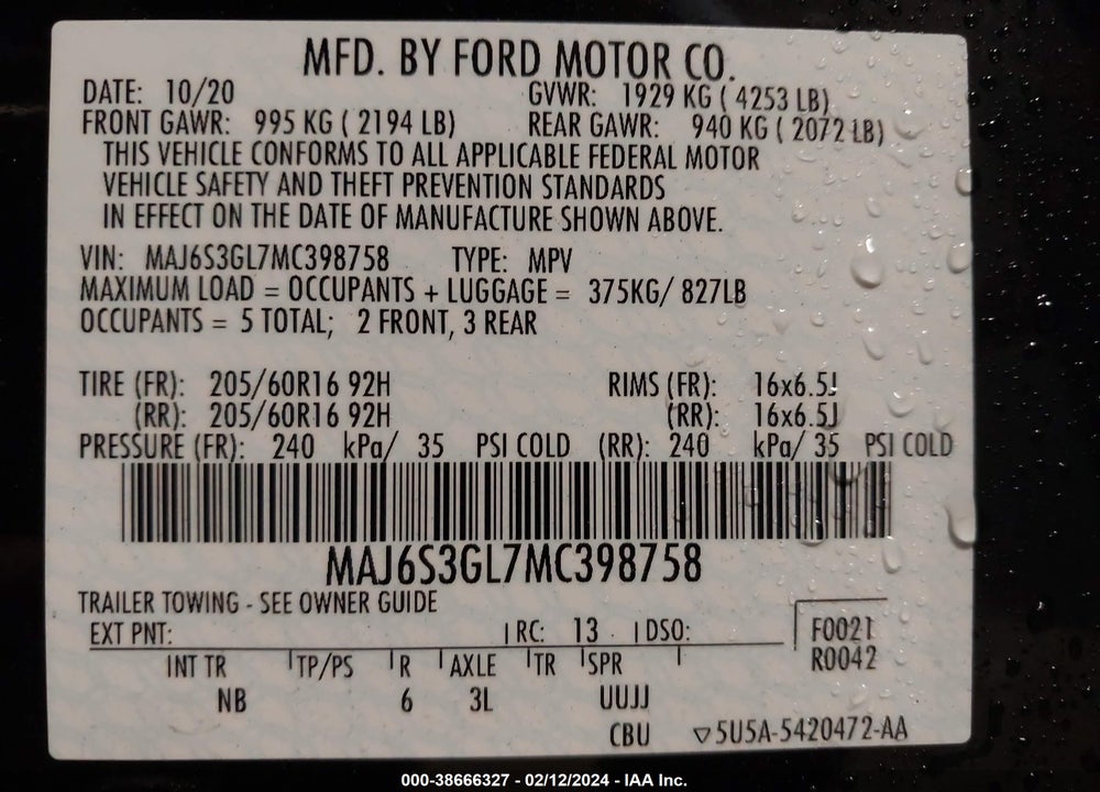 2021 FORD ECOSPORT SE VIN: MAJ6S3GL7MC398758