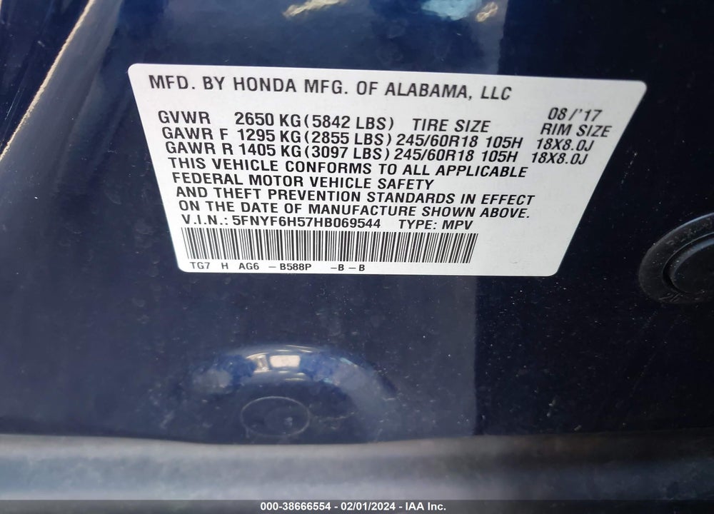 2017 HONDA PILOT EX-L VIN: 5FNYF6H57HB069544