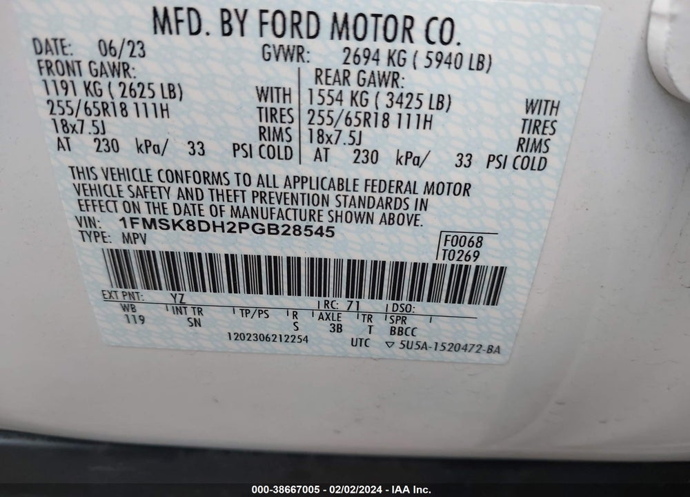 2023 FORD EXPLORER XLT VIN: 1FMSK8DH2PGB28545