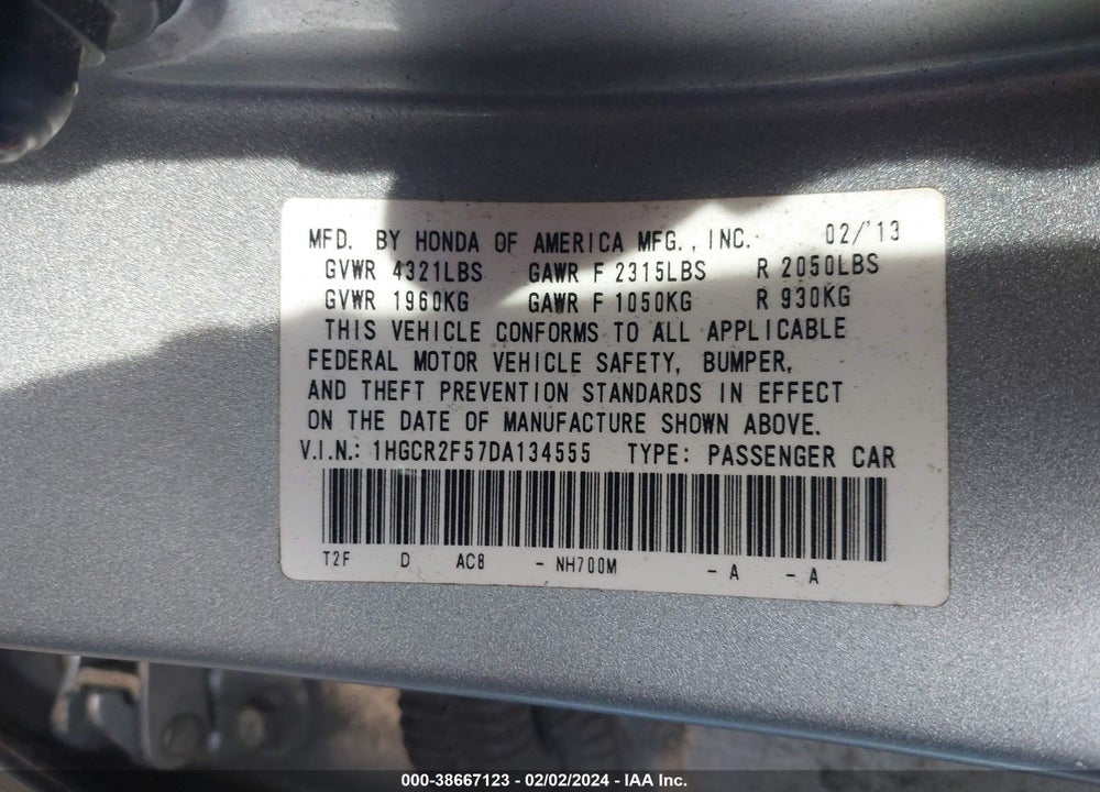 2013 HONDA ACCORD SPORT VIN: 1HGCR2F57DA134555