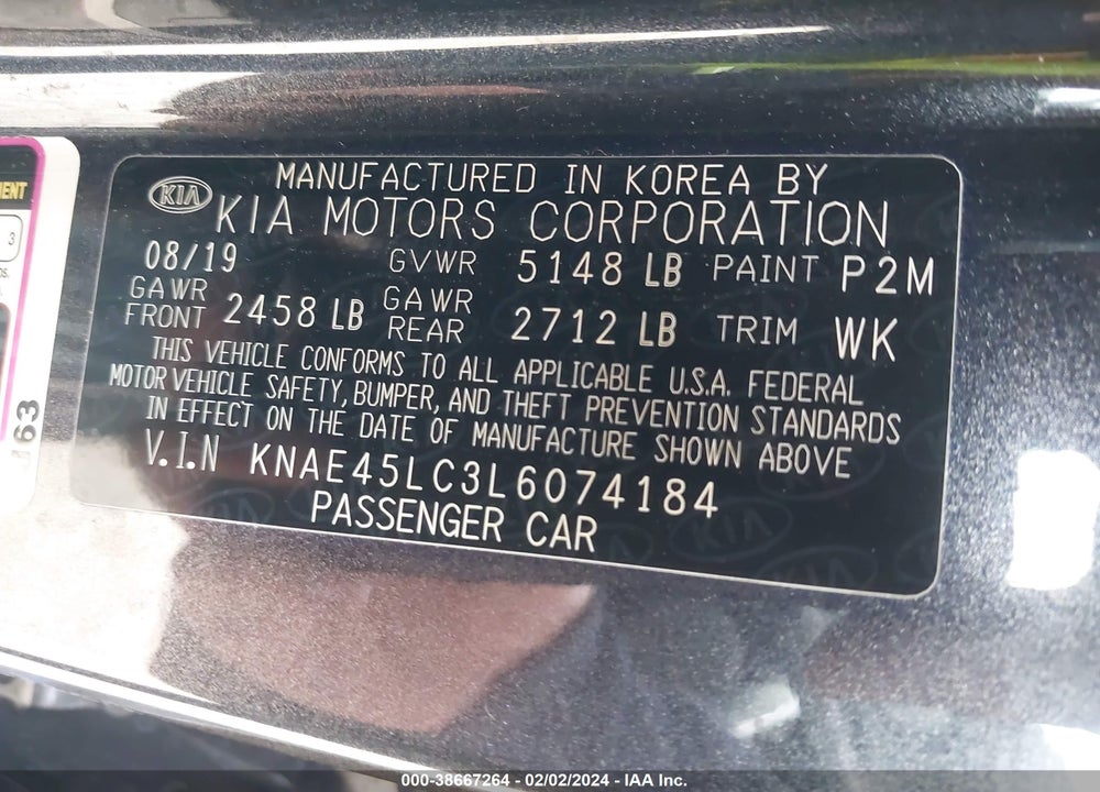 2020 KIA STINGER GT1 VIN: KNAE45LC3L6074184