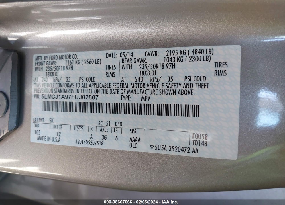 2015 LINCOLN MKC VIN: 5LMCJ1A97FUJ02807