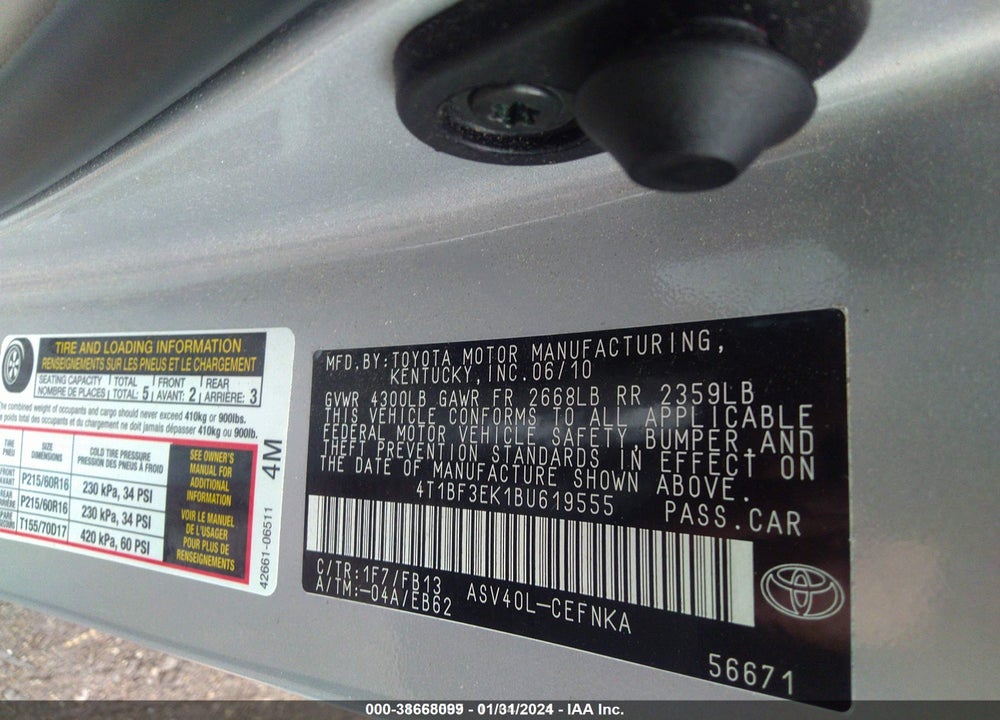 2011 TOYOTA CAMRY VIN: 4T1BF3EK1BU619555