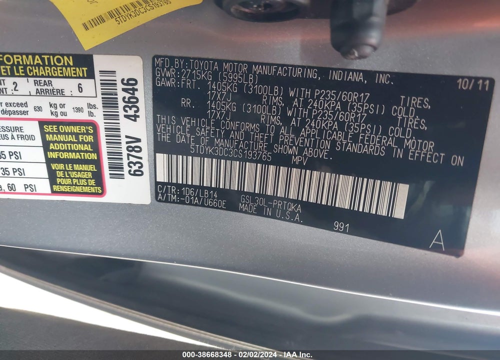 2012 TOYOTA SIENNA XLE LIMITED VIN: 5TDYK3DC3CS193765