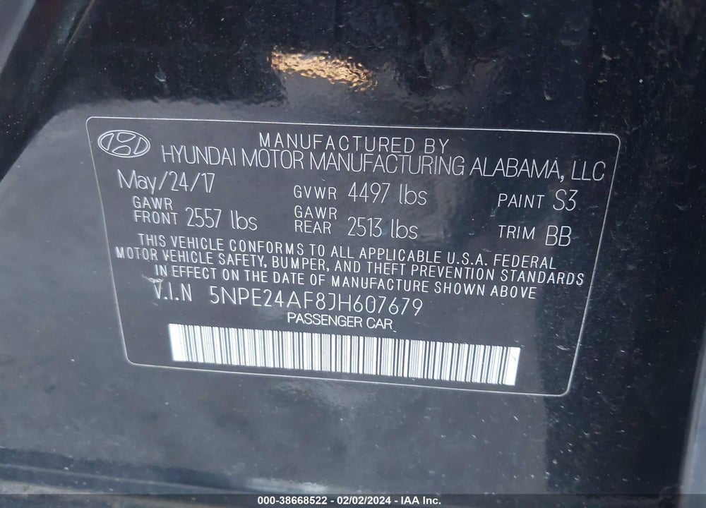 2018 HYUNDAI SONATA SE VIN: 5NPE24AF8JH607679
