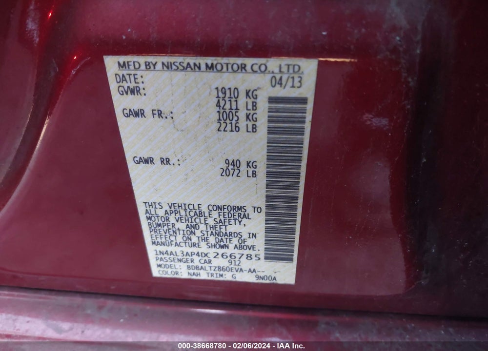 2013 NISSAN ALTIMA 2.5 SV VIN: 1N4AL3AP4DC266785