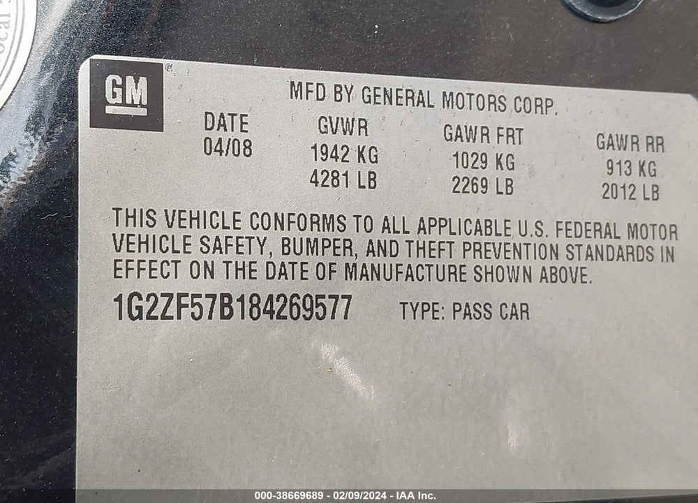 2008 PONTIAC G6 VALUE LEADER VIN: 1G2ZF57B184269577