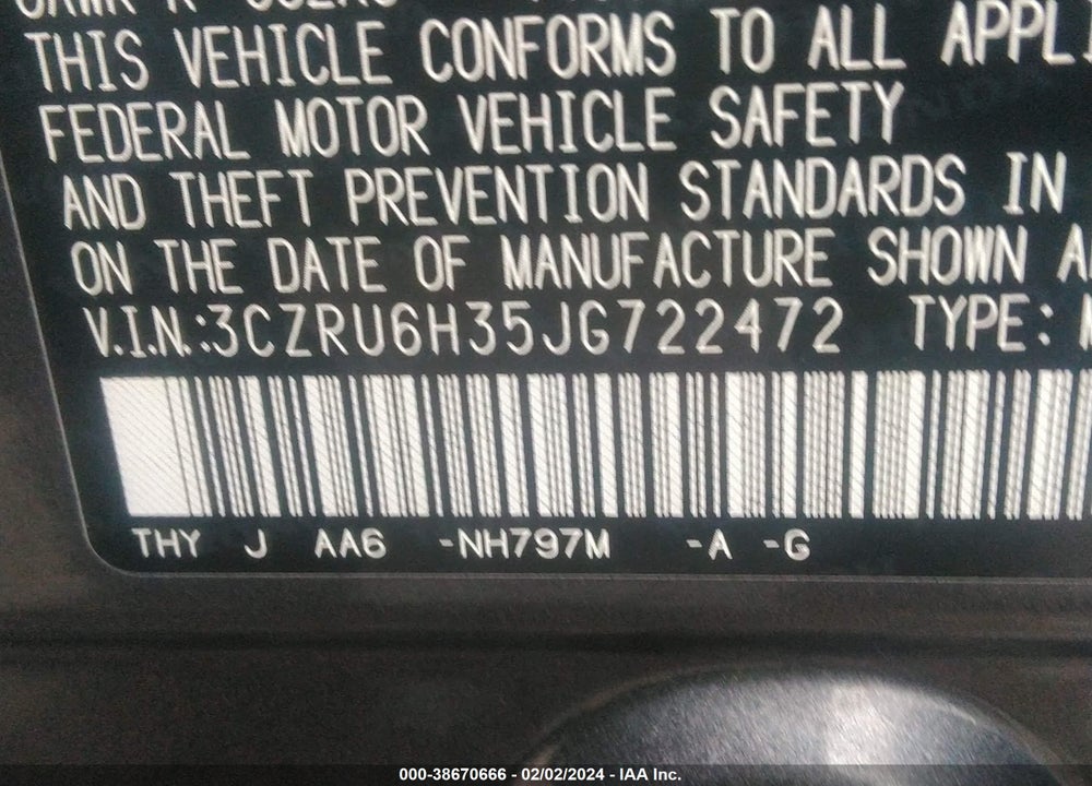 2018 HONDA HR-V LX VIN: 3CZRU6H35JG722472