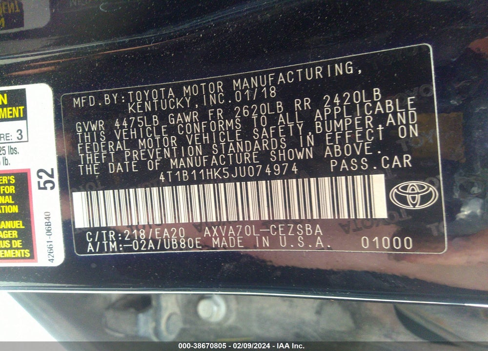 2018 TOYOTA CAMRY SE VIN: 4T1B11HK5JU074974
