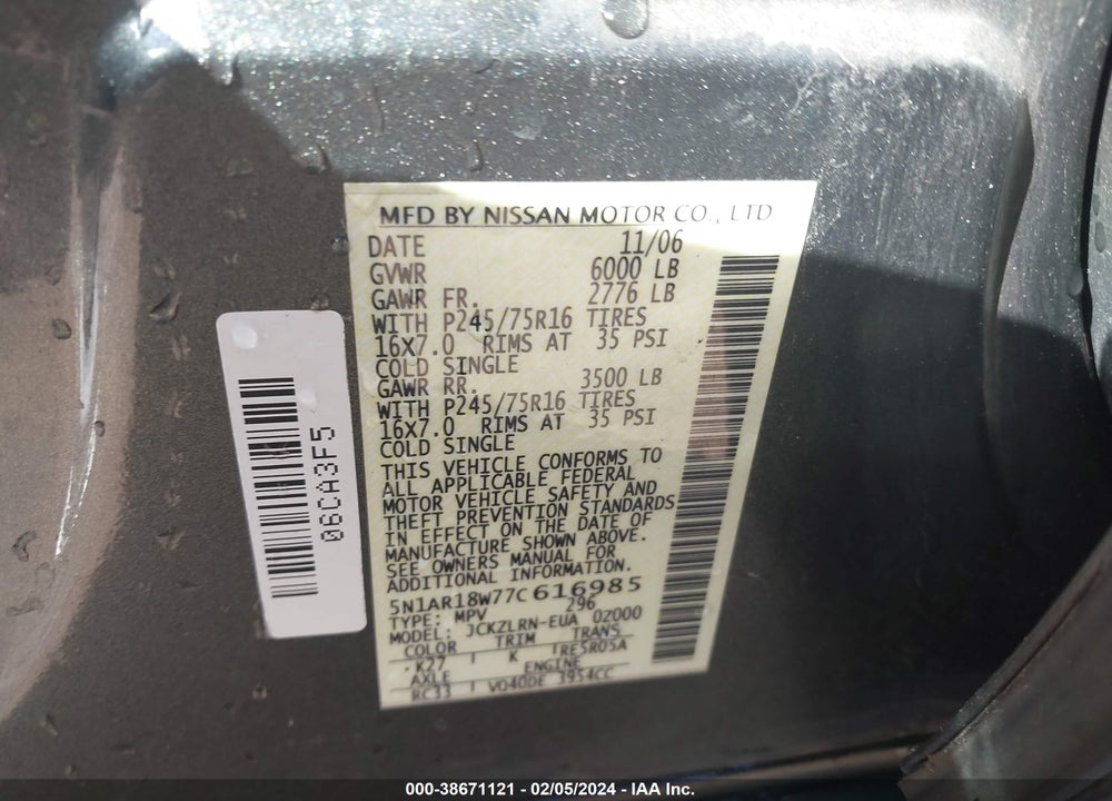 2007 NISSAN PATHFINDER S VIN: 5N1AR18W77C616985