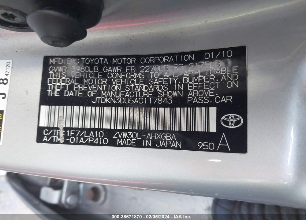 2010 TOYOTA PRIUS IV VIN: JTDKN3DU5A0117843