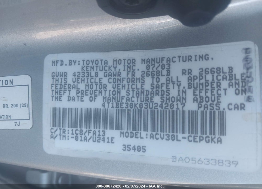 2003 TOYOTA CAMRY XLE VIN: 4T1BE30K03U242017