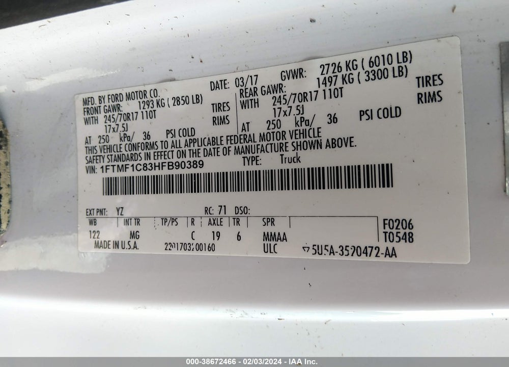 2017 FORD F-150 XLT VIN: 1FTMF1C83HFB90389