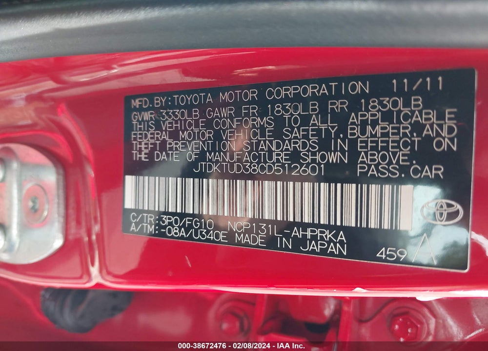 2012 TOYOTA YARIS LE VIN: JTDKTUD38CD512601