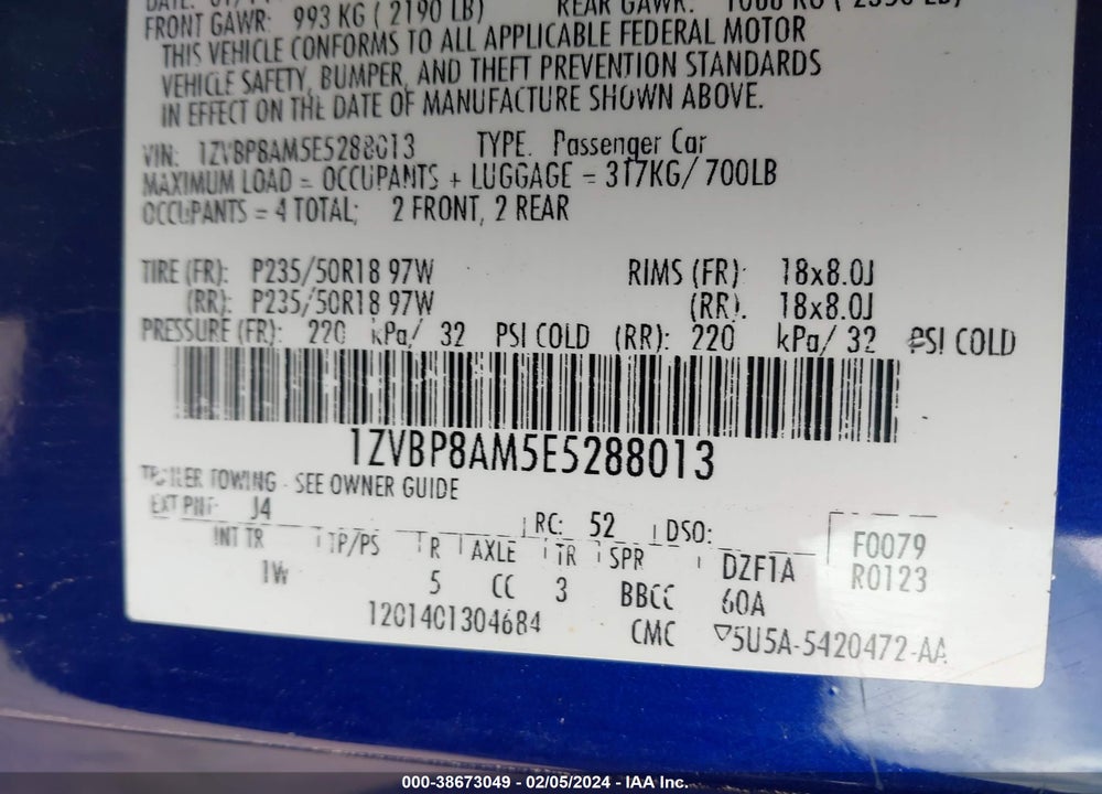 2014 FORD MUSTANG VIN: 1ZVBP8AM5E5288013