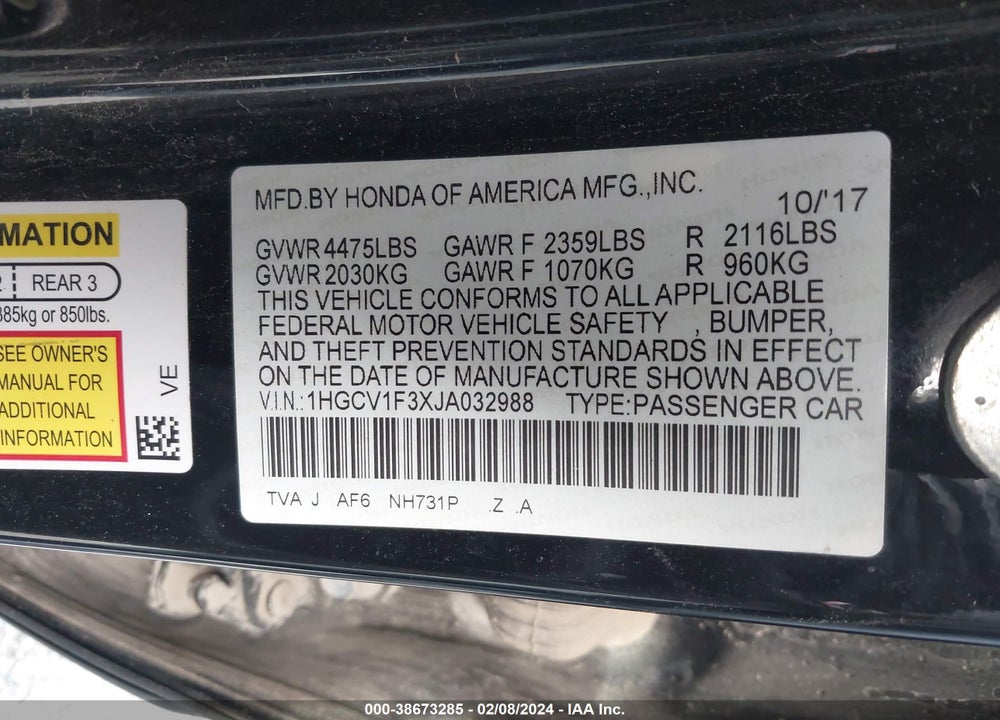 2018 HONDA ACCORD VIN: 1HGCV1F3XJA032988