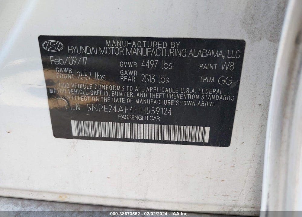 2017 HYUNDAI SONATA VIN: 5NPE24AF4HH559124