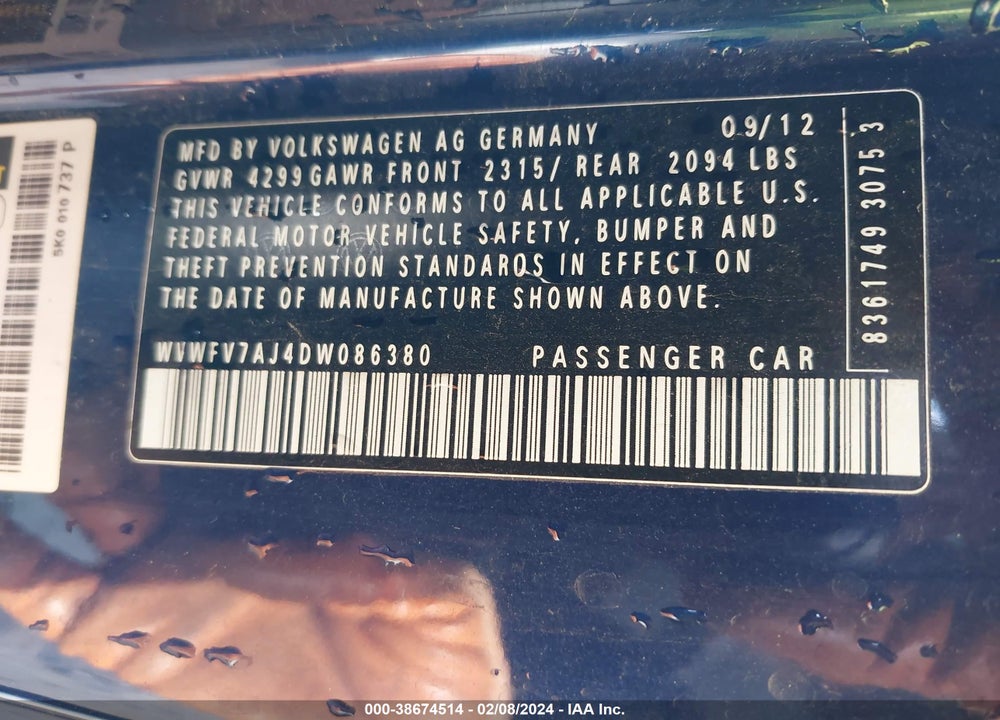 2013 VOLKSWAGEN GTI 2-DOOR VIN: WVWFV7AJ4DW086380