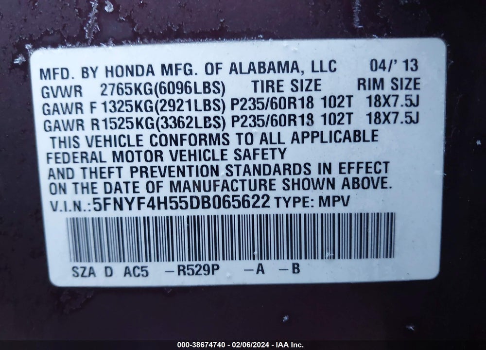 2013 HONDA PILOT EX-L VIN: 5FNYF4H55DB065622