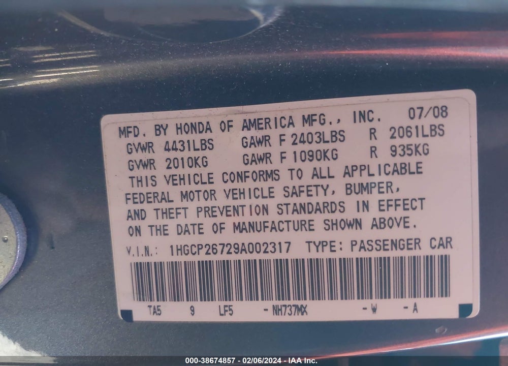 2009 HONDA ACCORD 2.4 EX VIN: 1HGCP26729A002317