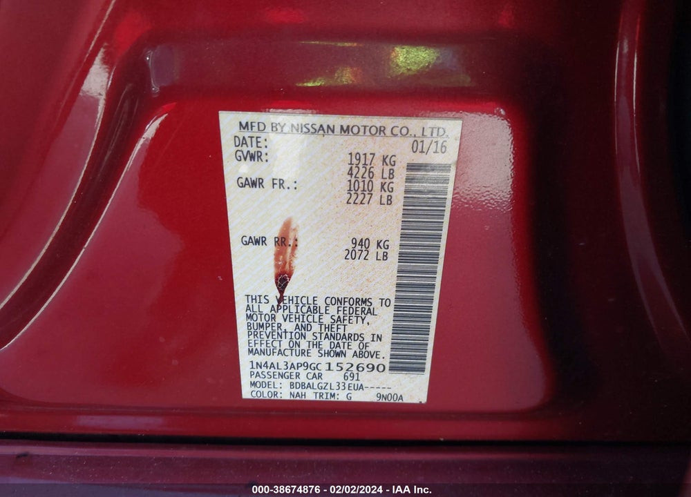 2016 NISSAN ALTIMA VIN: 1N4AL3AP9GC152690