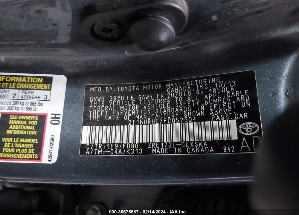2014 TOYOTA COROLLA S PLUS VIN: 2T1BURHE7EC052904