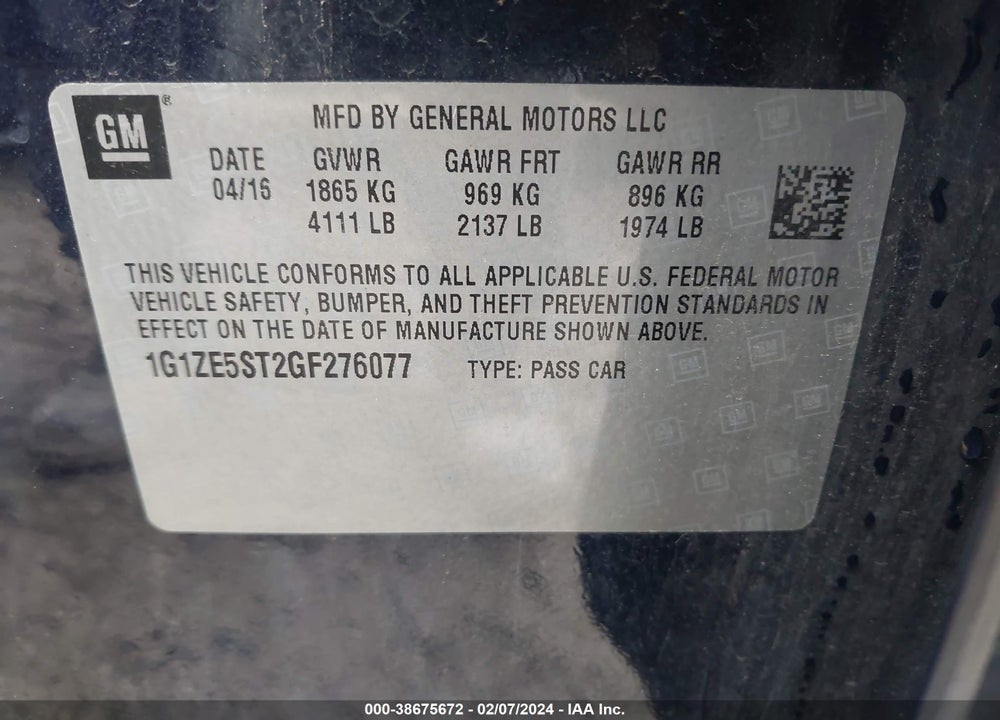 2016 CHEVROLET MALIBU VIN: 1G1ZE5ST2GF276077
