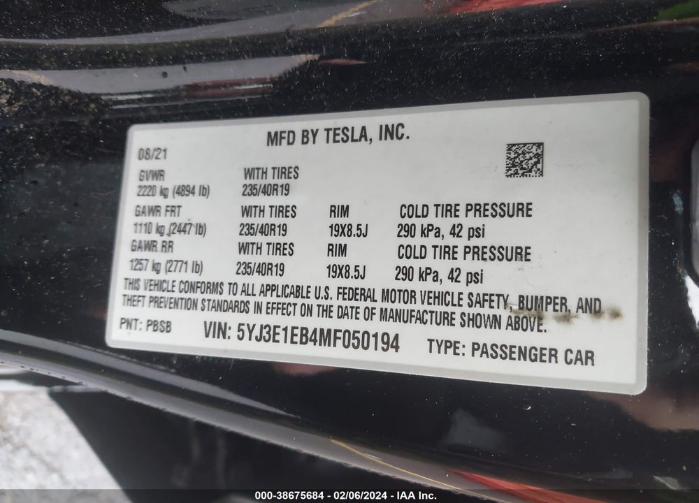 2021 TESLA MODEL 3 LONG RANGE DUAL MOTOR ALL-WHEEL DRIVE VIN: 5YJ3E1EB4MF050194
