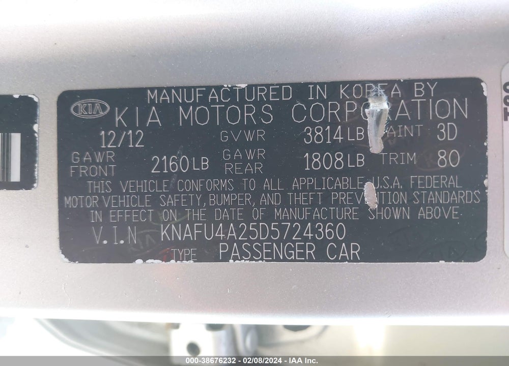 2013 KIA FORTE EX VIN: KNAFU4A25D5724360
