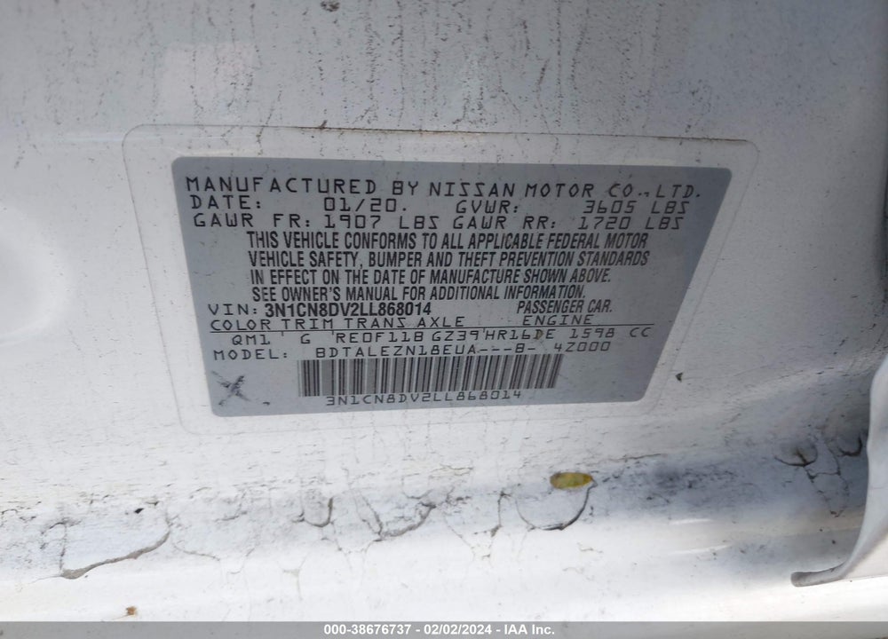 2020 NISSAN VERSA S XTRONIC CVT VIN: 3N1CN8DV2LL868014