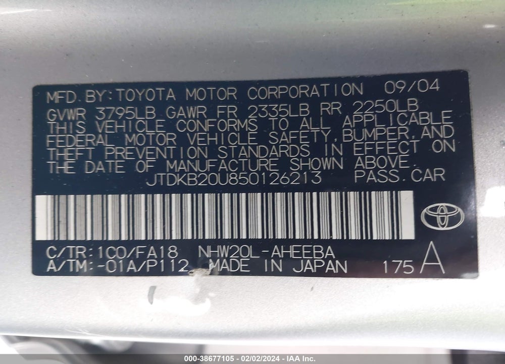 2005 TOYOTA PRIUS VIN: JTDKB20U850126213