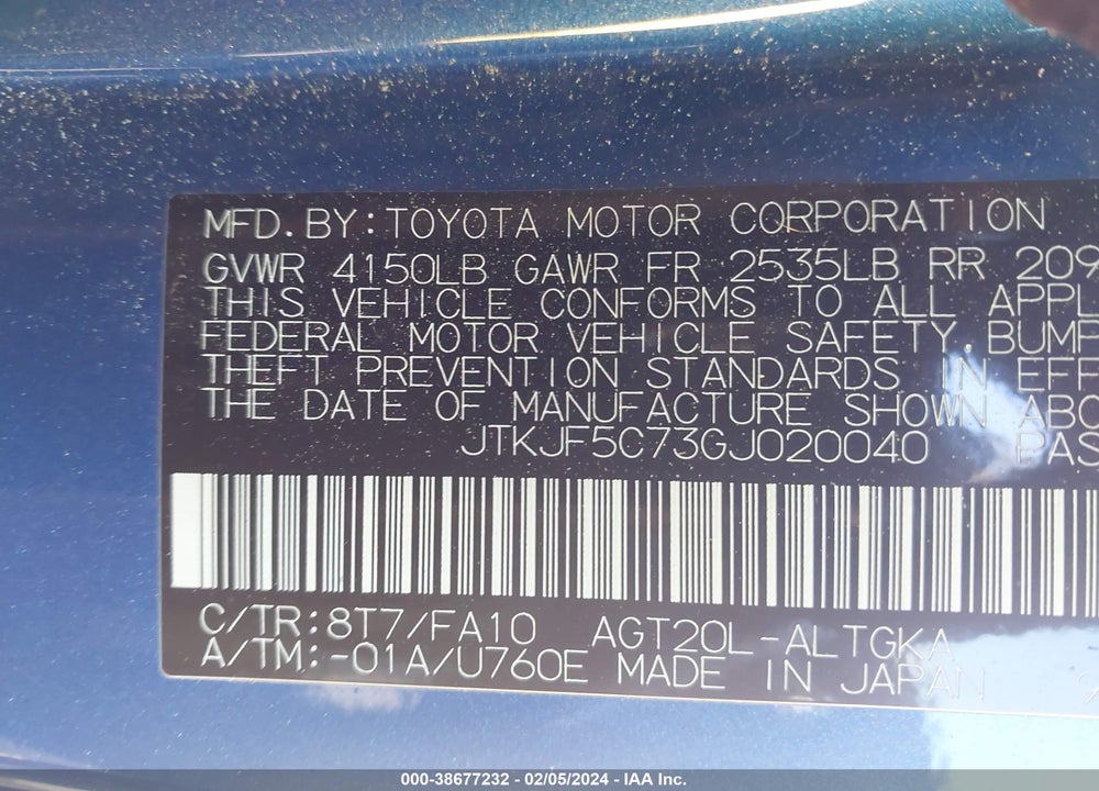 2016 SCION TC VIN: JTKJF5C73GJ020040
