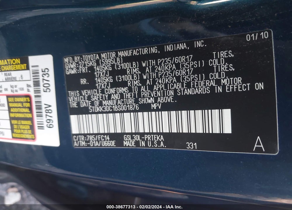2011 TOYOTA SIENNA LE V6 VIN: 5TDKK3DC1BS001876