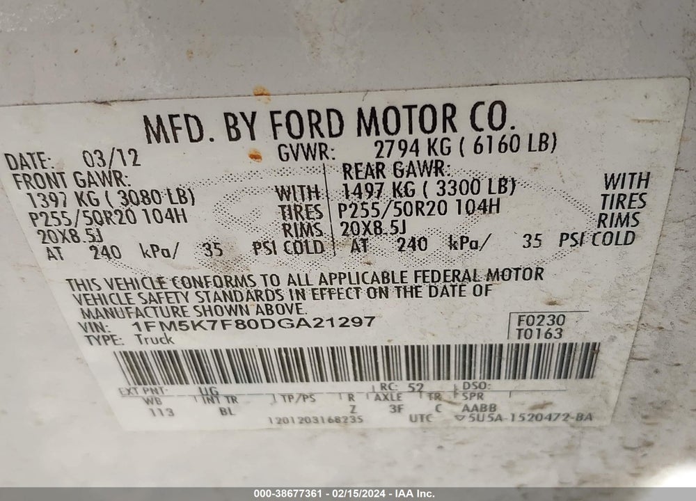 2013 FORD EXPLORER LIMITED VIN: 1FM5K7F80DGA21297