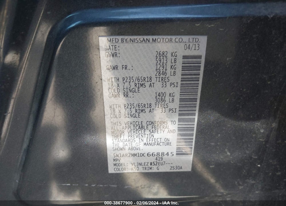 2013 NISSAN PATHFINDER VIN: 5N1AR2MM1DC668845